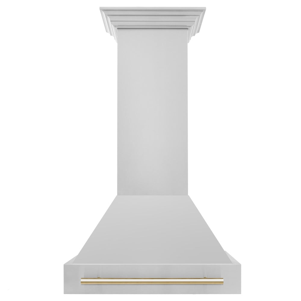 ZLINE Autograph Edition 30-inch range hood in stainless steel and polished gold accents 8654STZ-30-G, front view