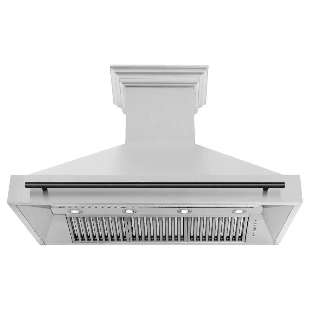 ZLINE Autograph Edition 48-inch range hood in stainless steel and matte black accents 8654STZ-48-MB, front view