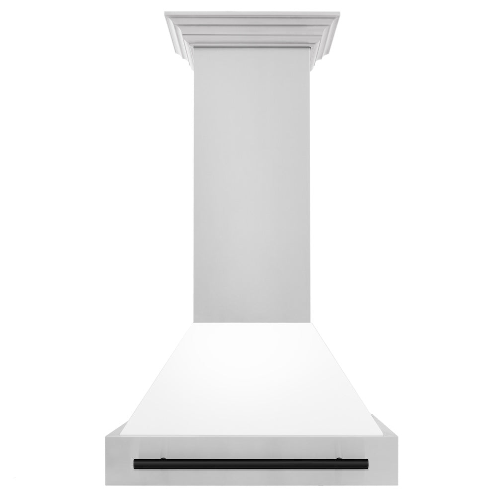 ZLINE Autograph Edition 30-inch range hood in white matte and matte black accents 8654STZ-WM30-MB, front view