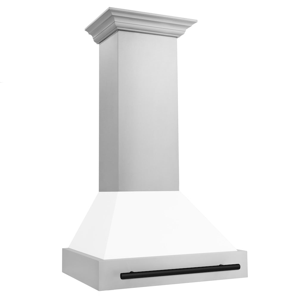 ZLINE Autograph Edition 30-inch range hood in white matte and matte black accents 8654STZ-WM30-MB, side view