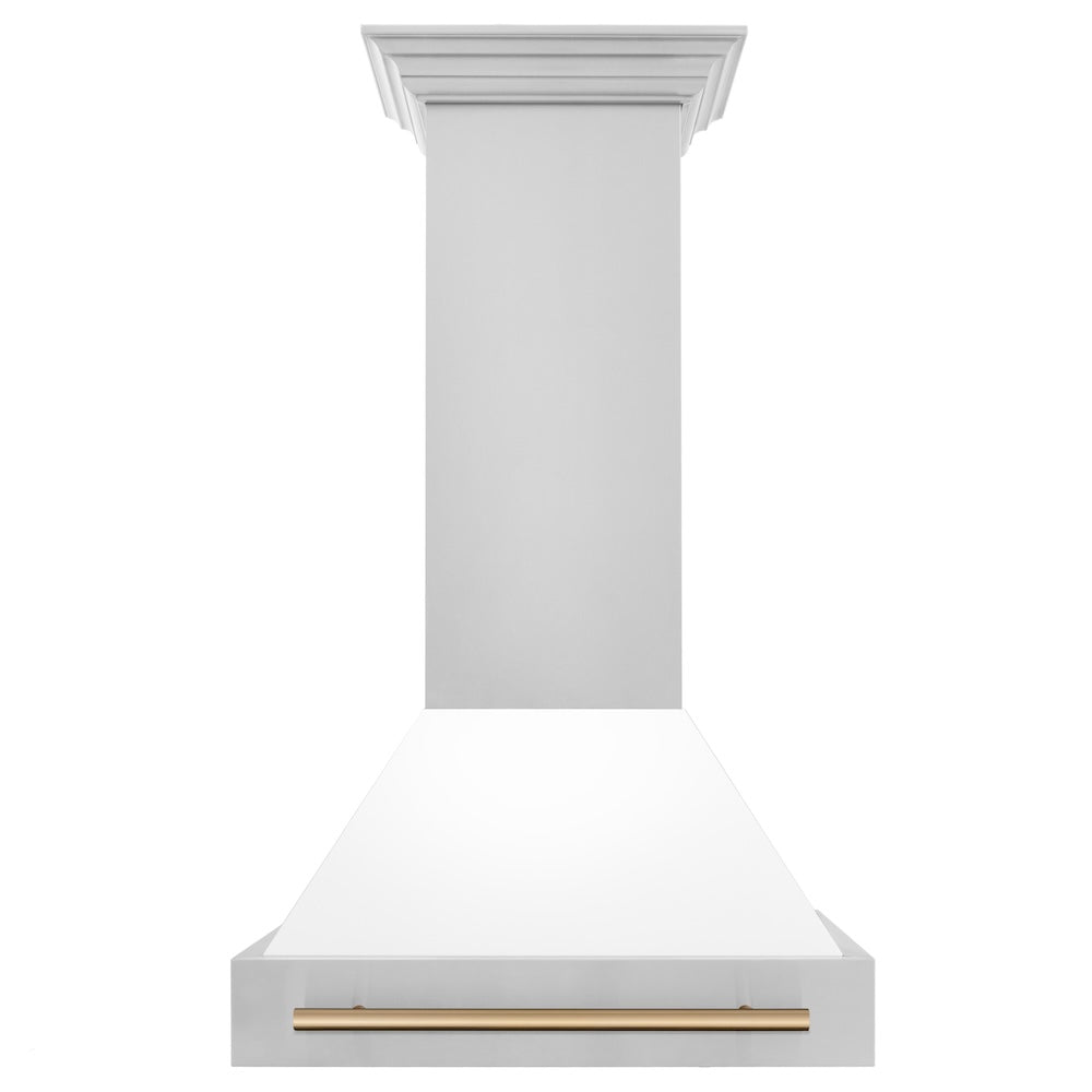 ZLINE Autograph Edition 30-inch range hood in white matte and champagne bronze accents 8654STZ-WM30-CB, front view