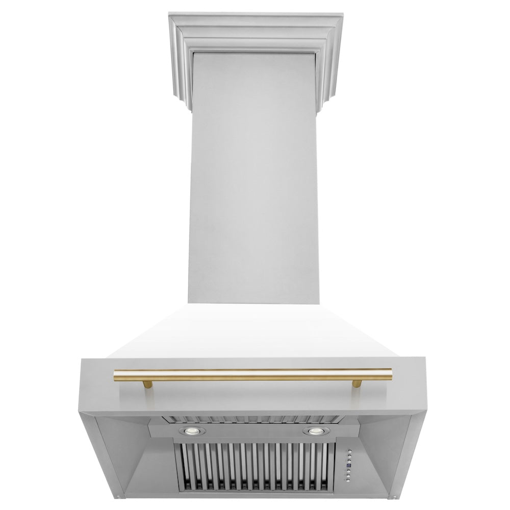 ZLINE Autograph Edition 30-inch range hood in white matte and polished gold accents 8654STZ-WM30-G, front view