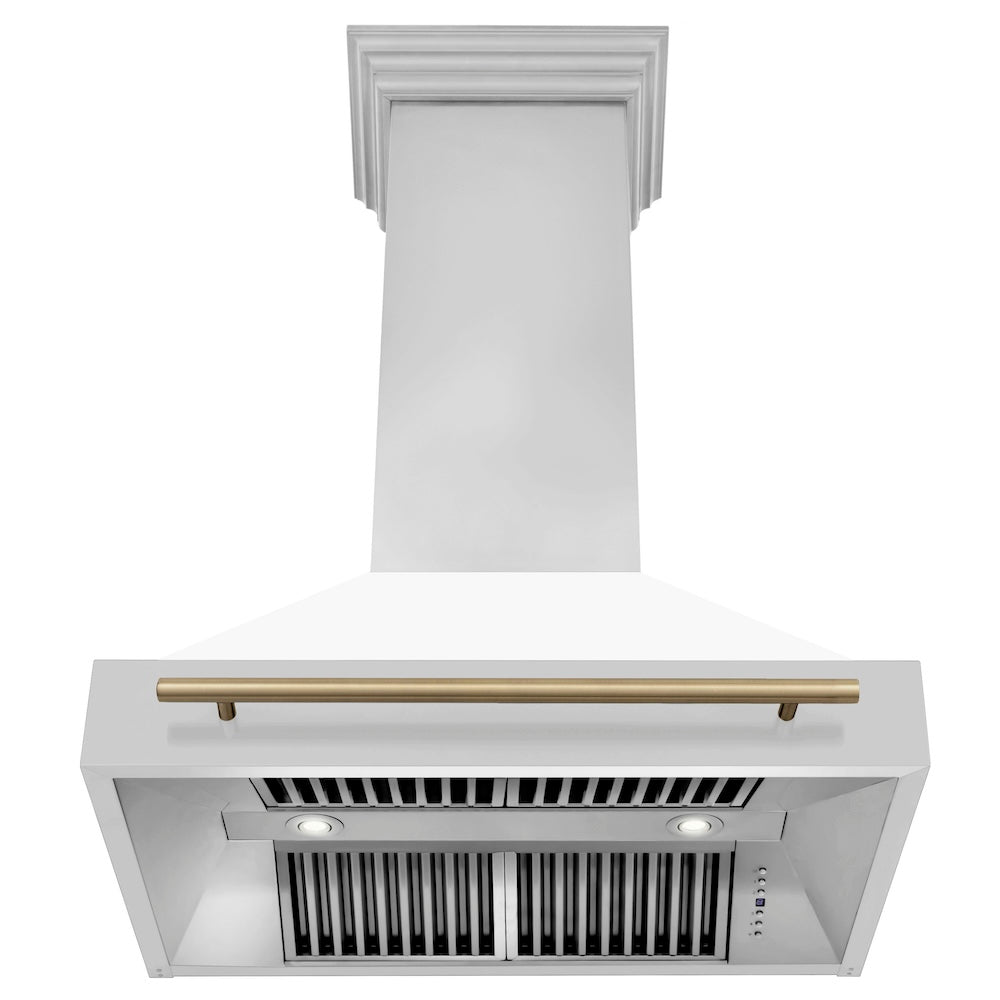 ZLINE Autograph Edition 36-inch range hood in white matte and champagne bronze accents 8654STZ-WM36-CB, front view