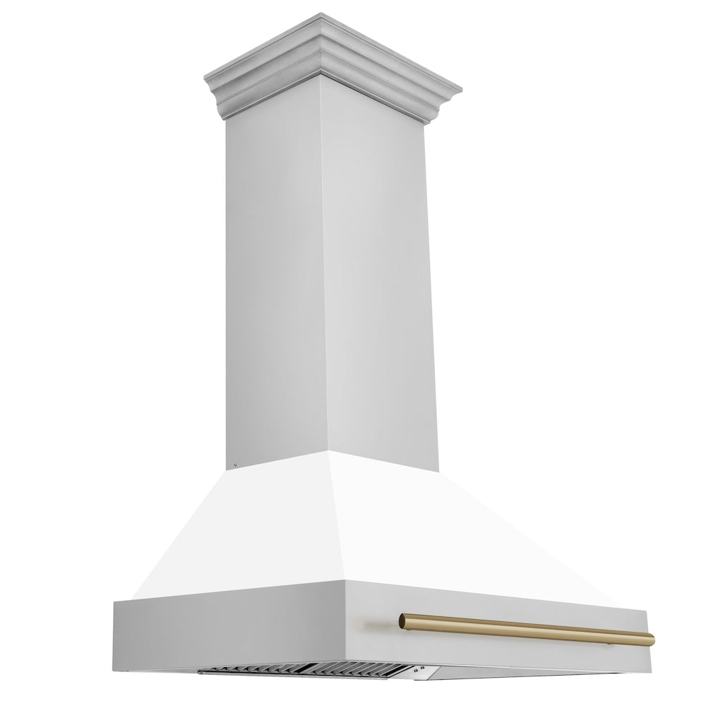 ZLINE Autograph Edition 36-inch range hood in white matte and champagne bronze accents 8654STZ-WM36-CB
