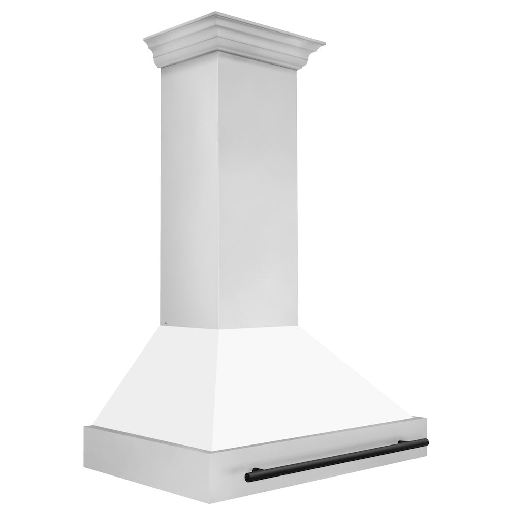ZLINE Autograph Edition 36-inch range hood in white matte and matte black accents 8654STZ-WM36-MB, side view