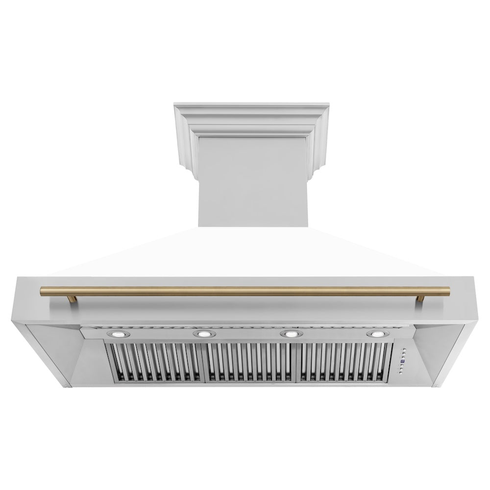 ZLINE Autograph Edition 48-inch range hood in white matte and champagne bronze accents 8654STZ-WM48-CB, front view