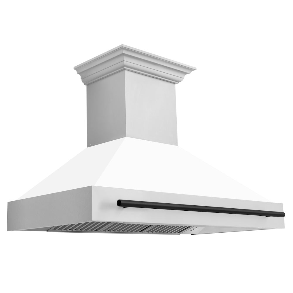 ZLINE Autograph Edition 48-inch range hood in white matte and matte black accents 8654STZ-WM48-MB