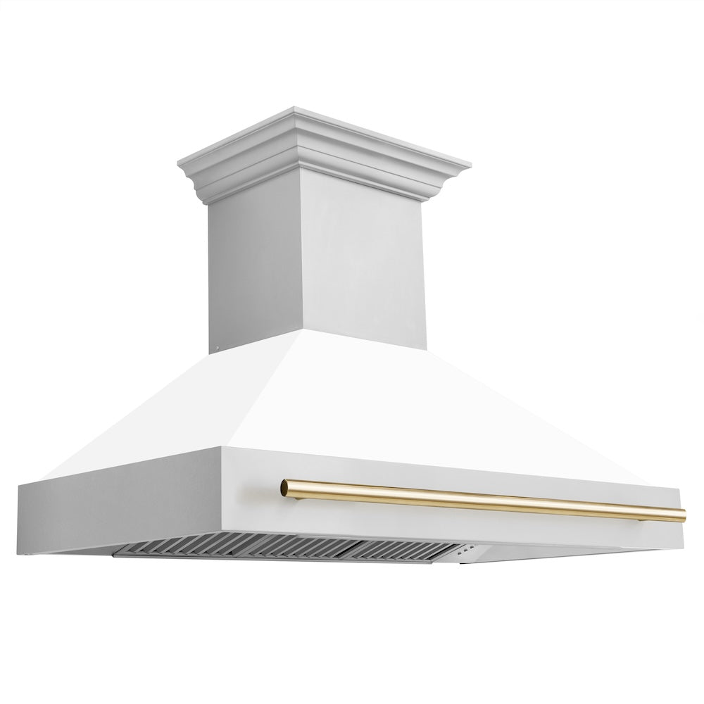 ZLINE Autograph Edition 48-inch range hood in white matte and polished gold accents 8654STZ-WM48-G