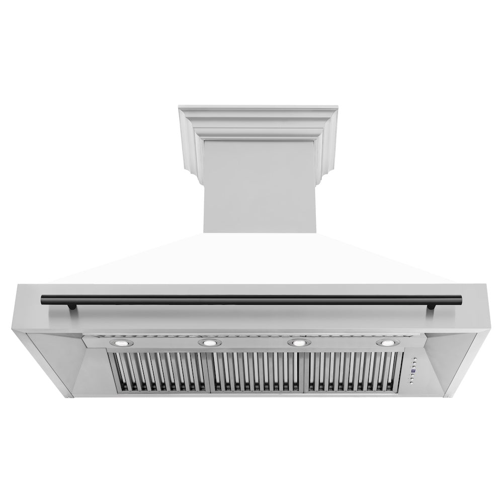 ZLINE Autograph Edition 48-inch range hood in white matte and matte black accents 8654STZ-WM48-MB, front view