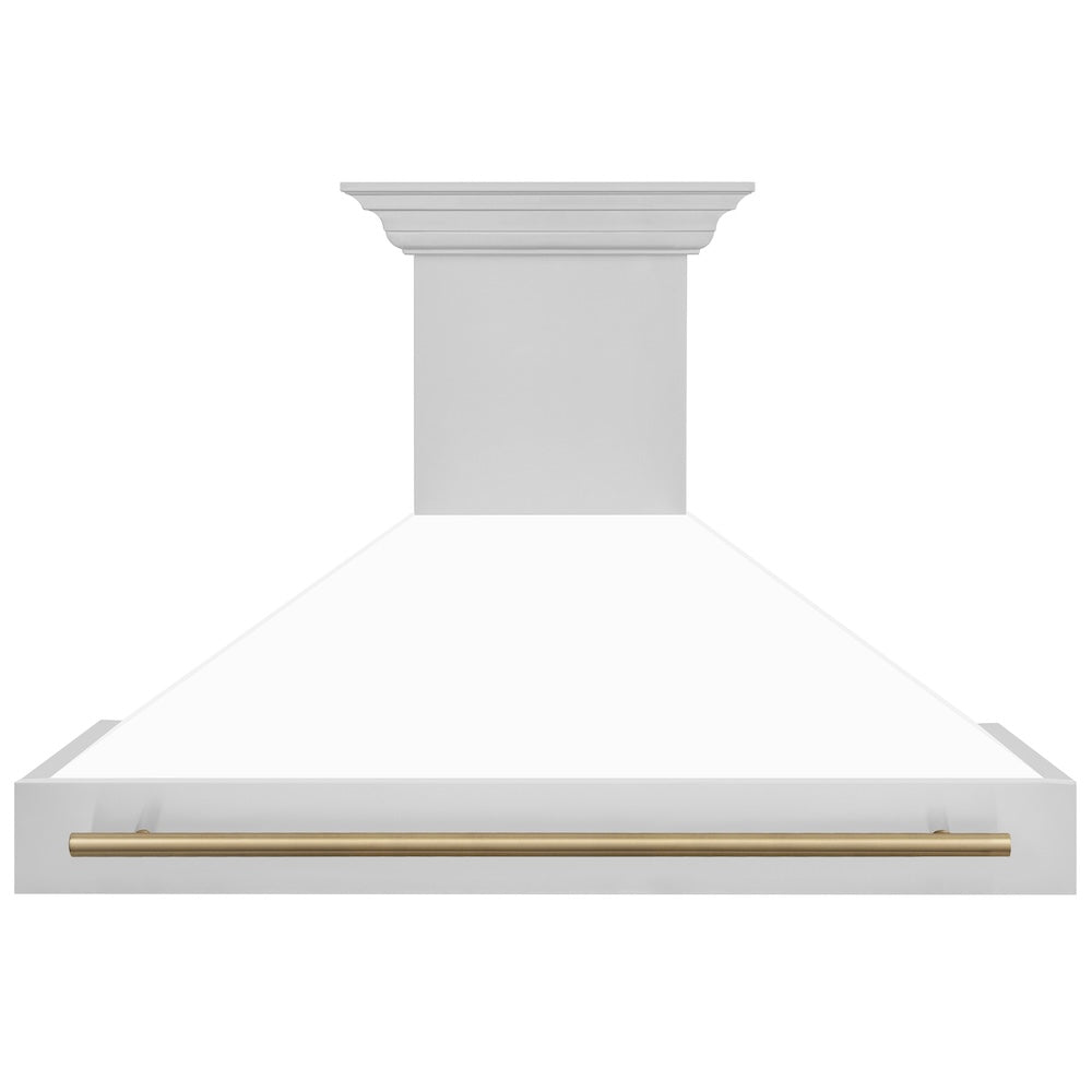 ZLINE Autograph Edition 48-inch range hood in white matte and champagne bronze accents 8654STZ-WM48-CB, front view