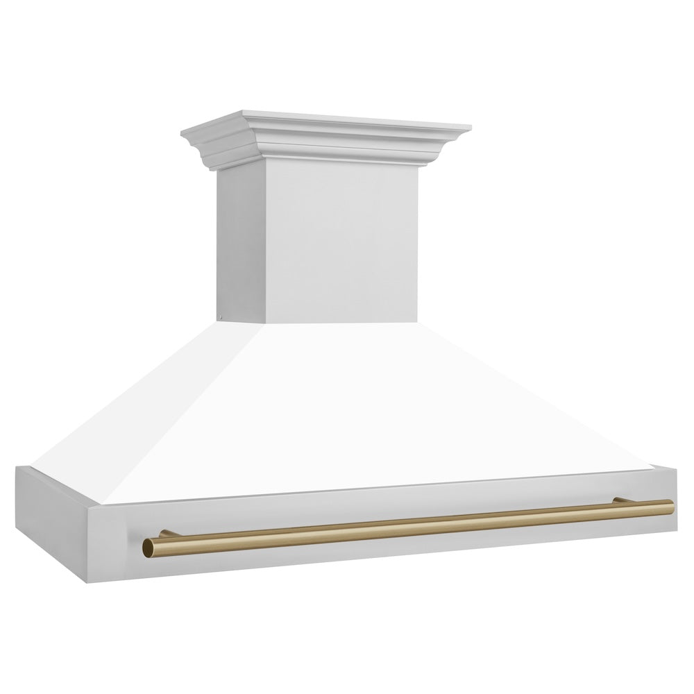 ZLINE Autograph Edition 48-inch range hood in white matte and champagne bronze accents 8654STZ-WM48-CB, side view