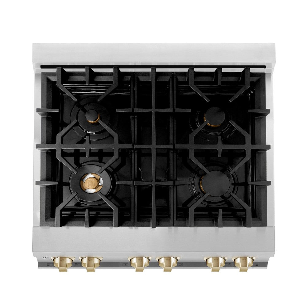 ZLINE Autograph Edition Legacy 30-inch range in stainless steel and polished gold accents RAZ-30-G, from above