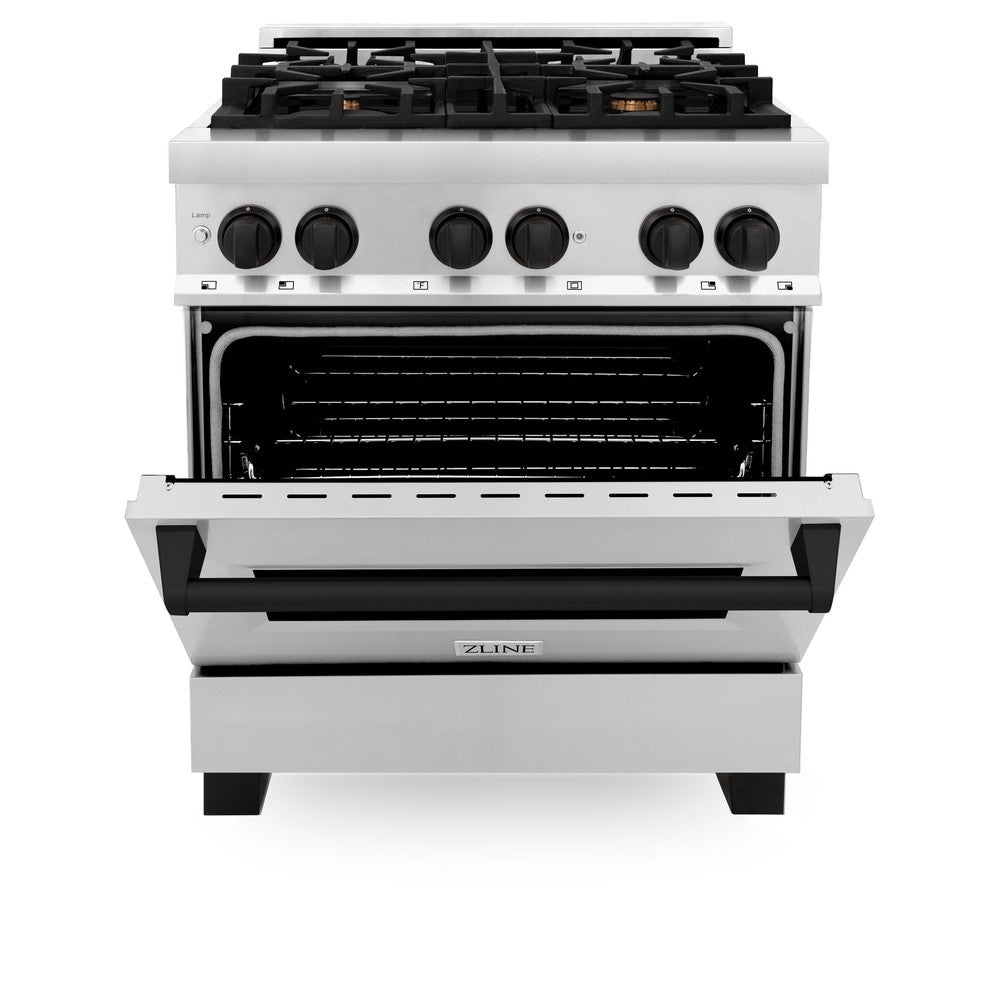 ZLINE Autograph Edition Legacy 30-inch range in stainless steel and matte black accents RAZ-30-MB, front view