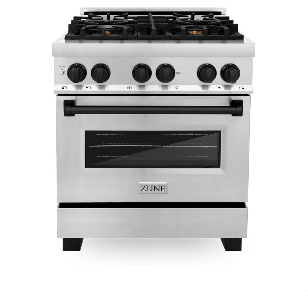 ZLINE Autograph Edition Legacy 30-inch range in stainless steel and matte black accents RAZ-30-MB, front view
