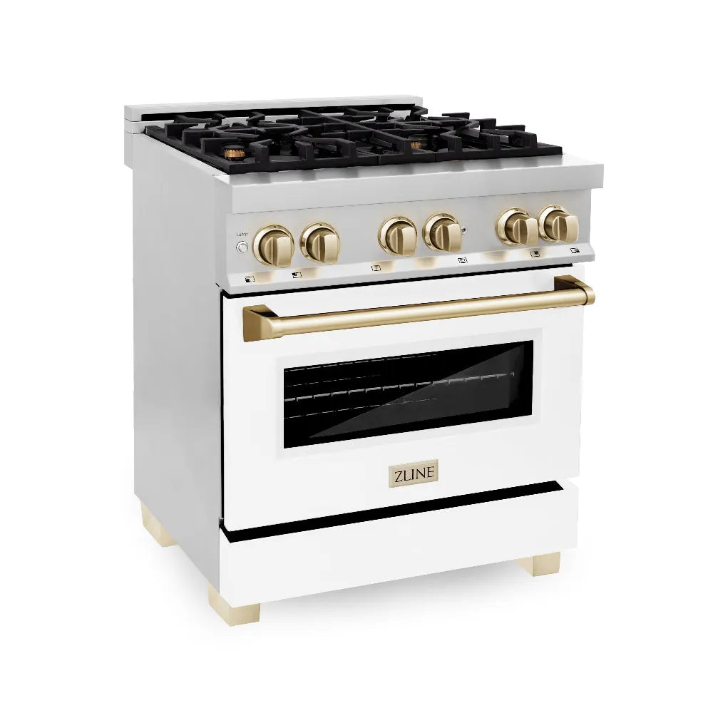 ZLINE Autograph Edition Legacy 30-inch range in stainless steel with white matte door and polished gold accents RAZ-WM-30-G