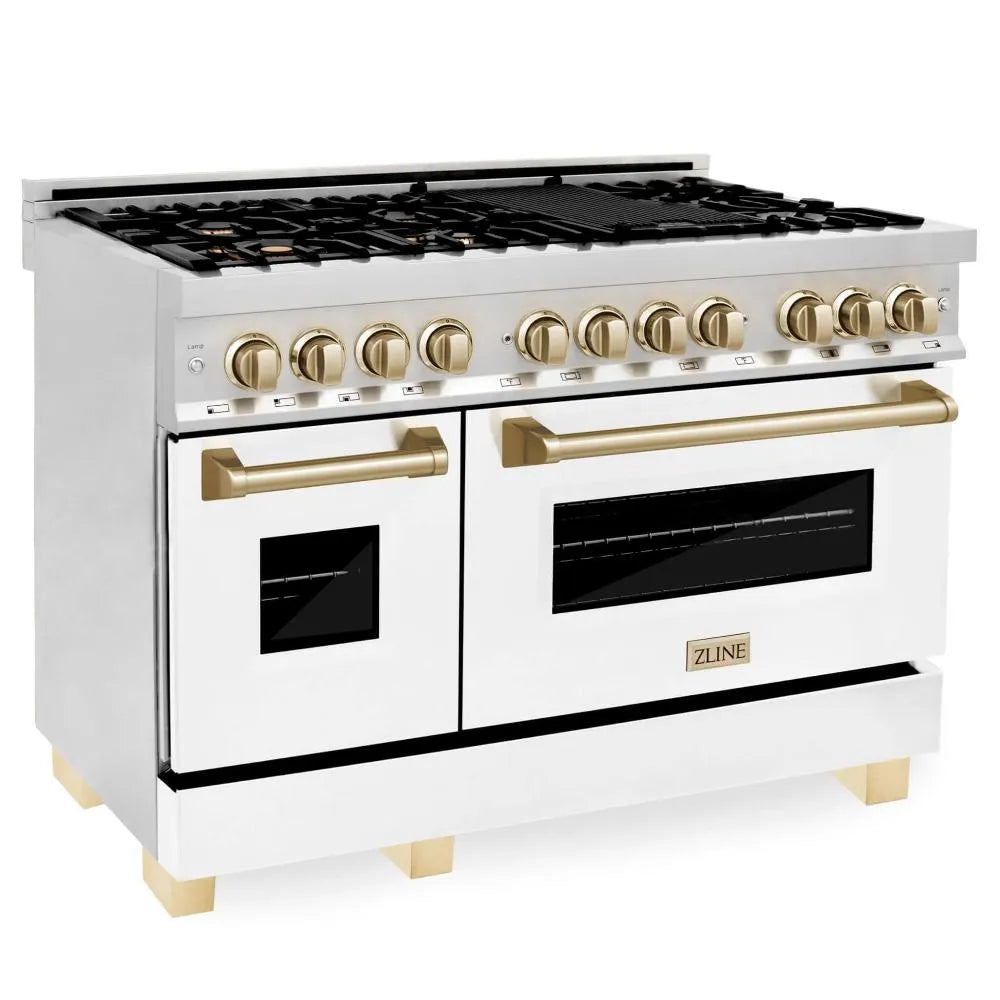 ZLINE Autograph Edition Legacy 48-inch range in stainless steel with white matte door and polished gold accents RAZ-WM-48-G