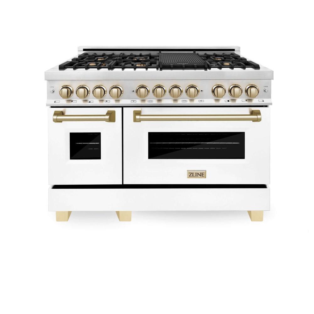 ZLINE Autograph Edition Legacy 48-inch range in stainless steel with white matte door and polished gold accents RAZ-WM-48-G, view 3