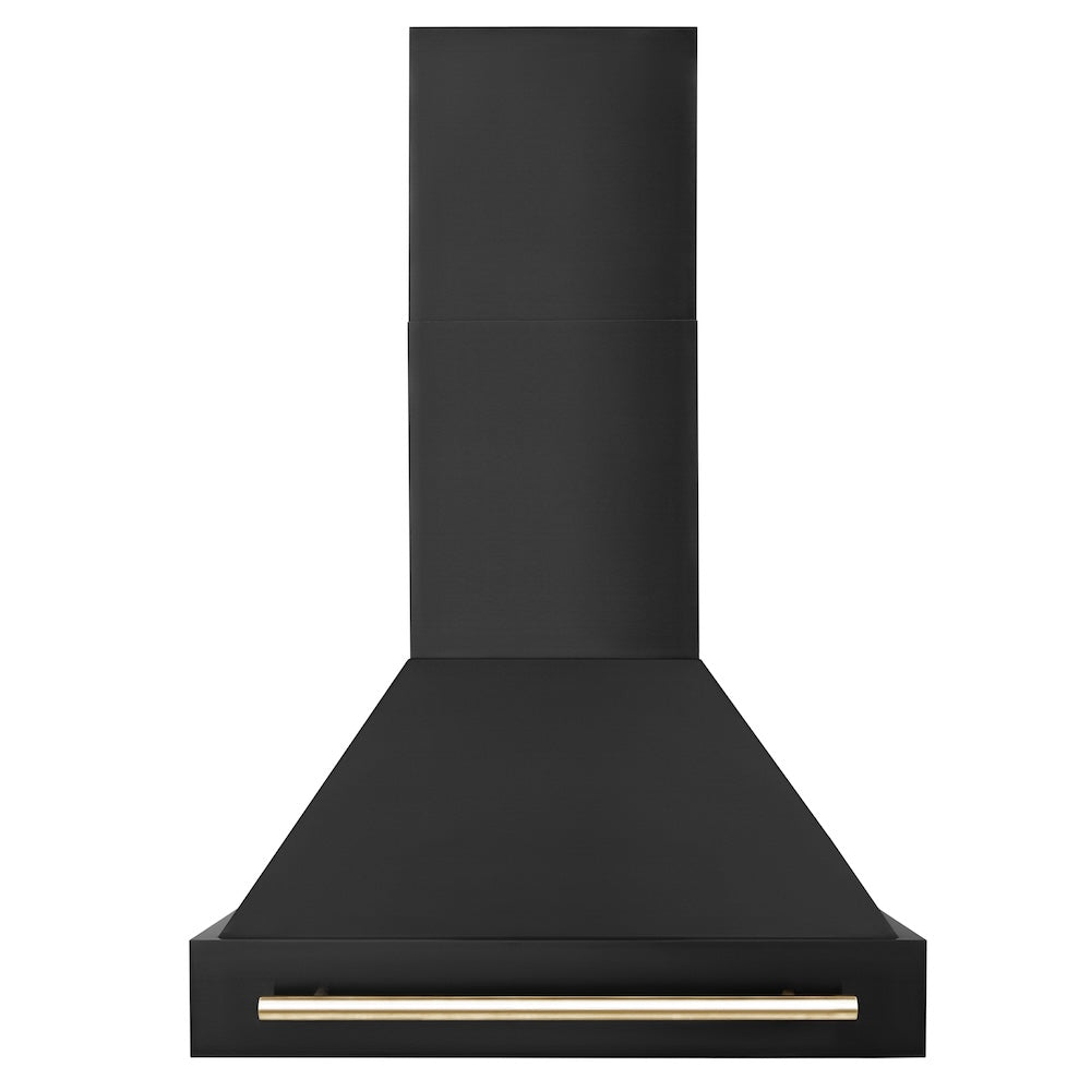 ZLINE Autograph Edition 30-inch range hood in black stainless steel and polished gold accents BS655Z-30-G, front view