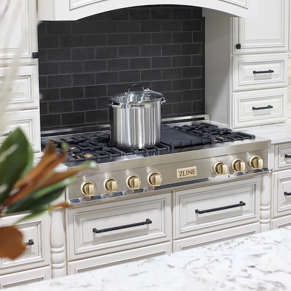 ZLINE Autograph Edition Legacy 48-inch rangetop in stainless steel and polished gold accents RTZ-48-G, from above