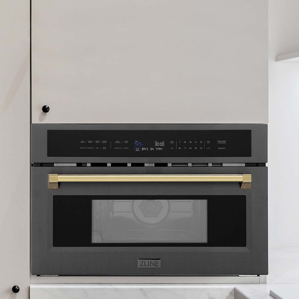 ZLINE Autograph Edition 30-inch microwave in black stainless steel and polished gold accents MWOZ-30-BS-G, view 2